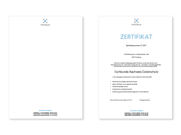 Design von Briefpapier und A4-Zertifikat fuer Hocqua, Qualitaetsmanagement
